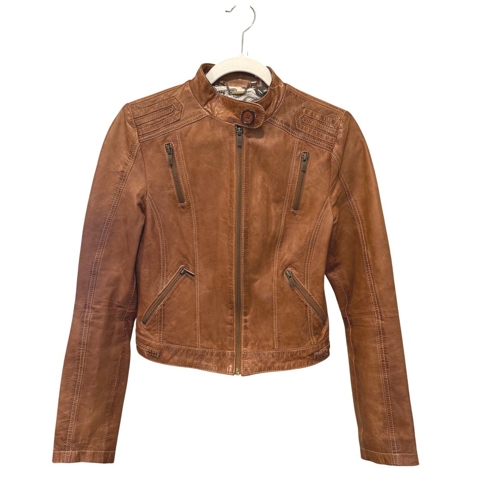 Wilson's Black Rivet Cognac Brown Cropped Leather Moto Jacket Sz XS Cafe Racer